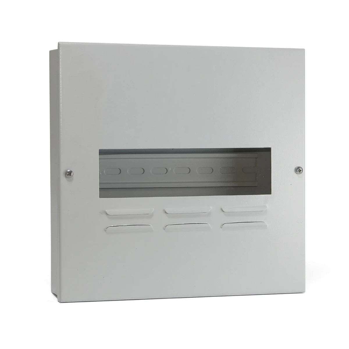 White metal Db 10 Way Surface Samite budget distribution board enclosure, designed for surface mounting with a 10-way