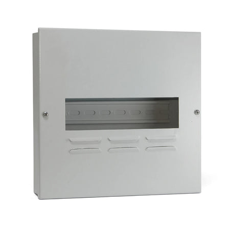 White metal Db 10 Way Surface Samite budget distribution board enclosure, designed for surface mounting with a 10-way