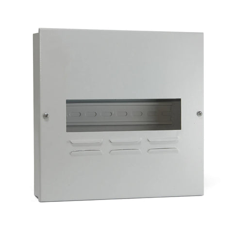White metal Db 10 Way Surface Samite budget distribution board enclosure, designed for surface mounting with a 10-way