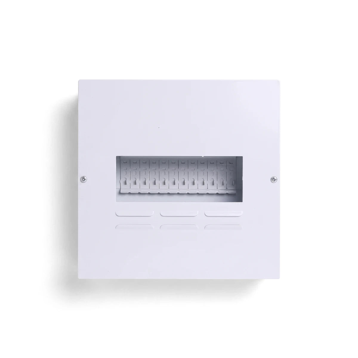 White 12-way surface budget distribution board enclosure for electrical circuits, featuring multiple internal slots and vent
