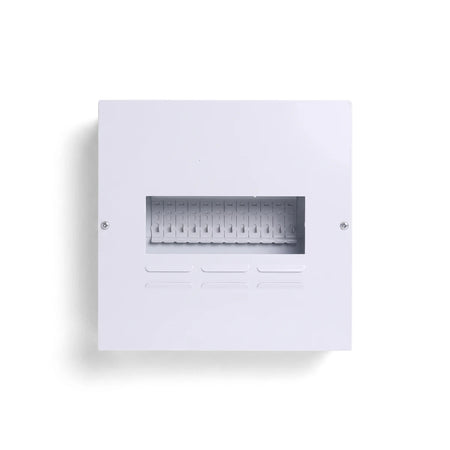 White 12-way surface budget distribution board enclosure for electrical circuits, featuring multiple internal slots and vent