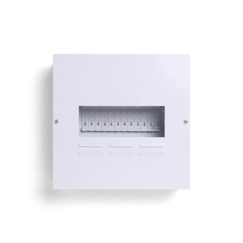 White 12-way surface budget distribution board enclosure for electrical circuits, featuring multiple internal slots and vent