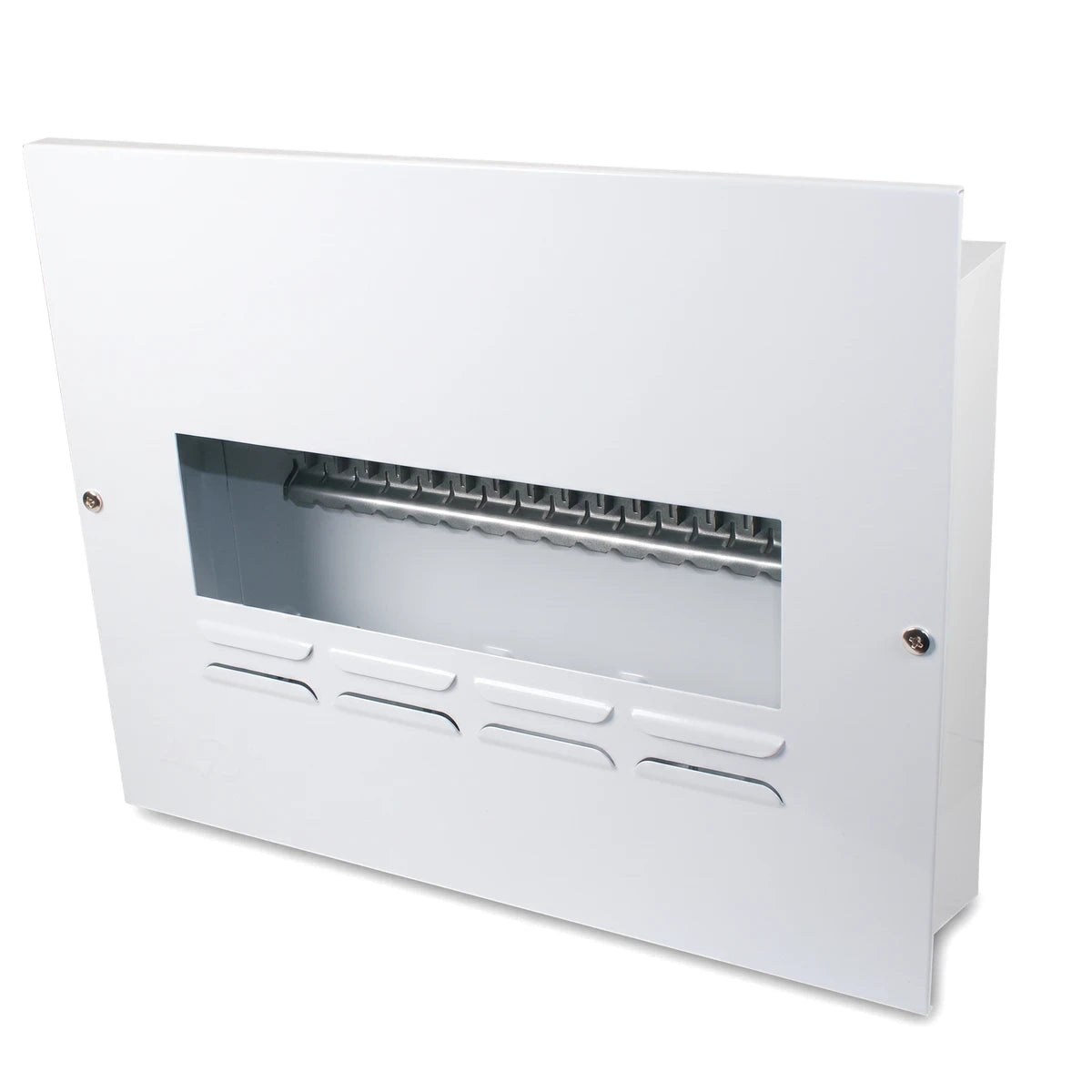 White Db 16 Way Flush Samite budget distribution board enclosure, featuring internal mounting rails and ventilation slots.