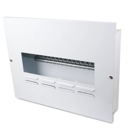 White Db 16 Way Flush Samite budget distribution board enclosure, featuring internal mounting rails and ventilation slots.