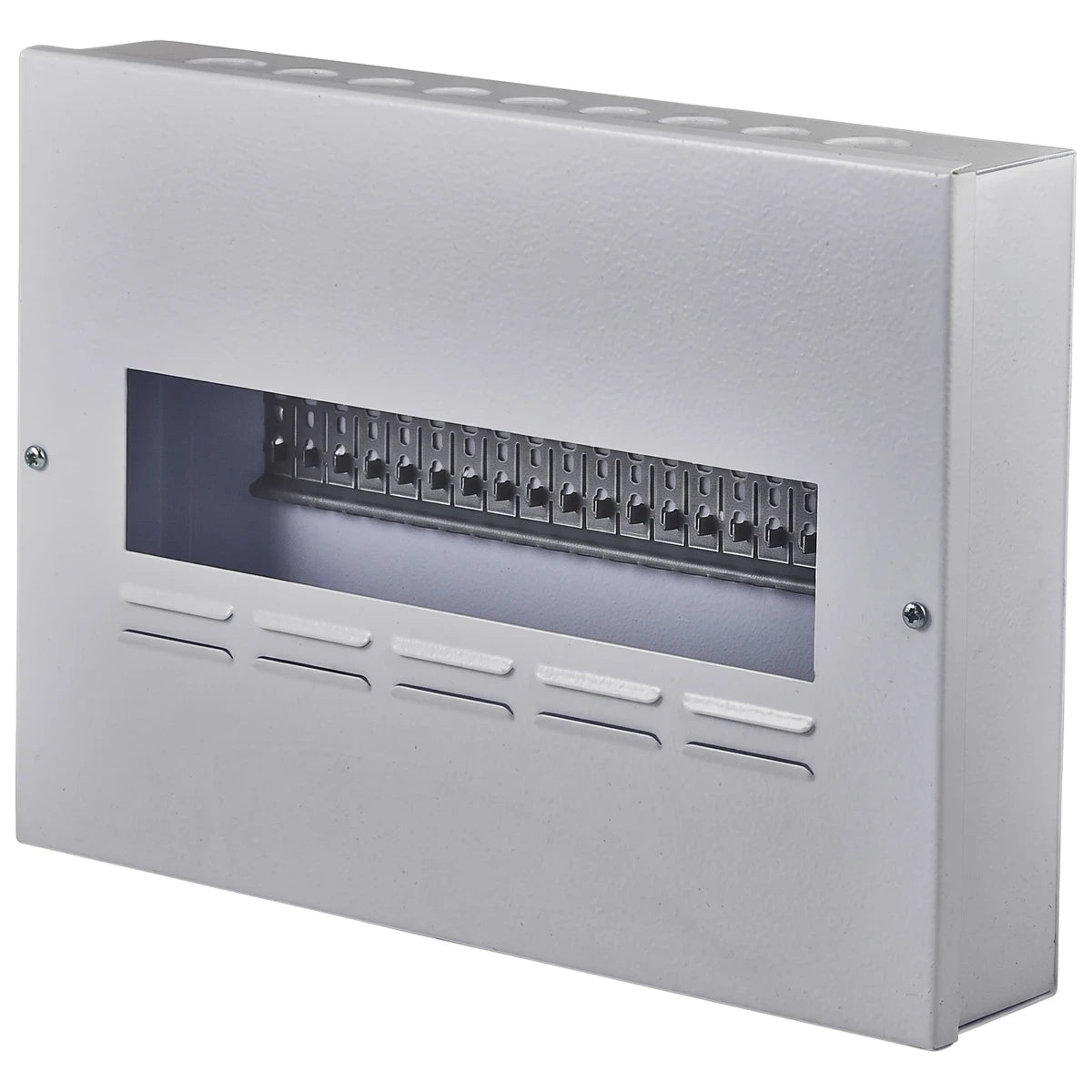 Light gray metal Db 20 Way Surface Samite budget electrical distribution board enclosure with an open front slot.