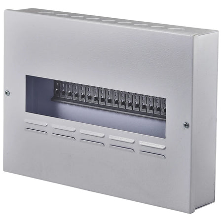 Light gray metal Db 20 Way Surface Samite budget electrical distribution board enclosure with an open front slot.