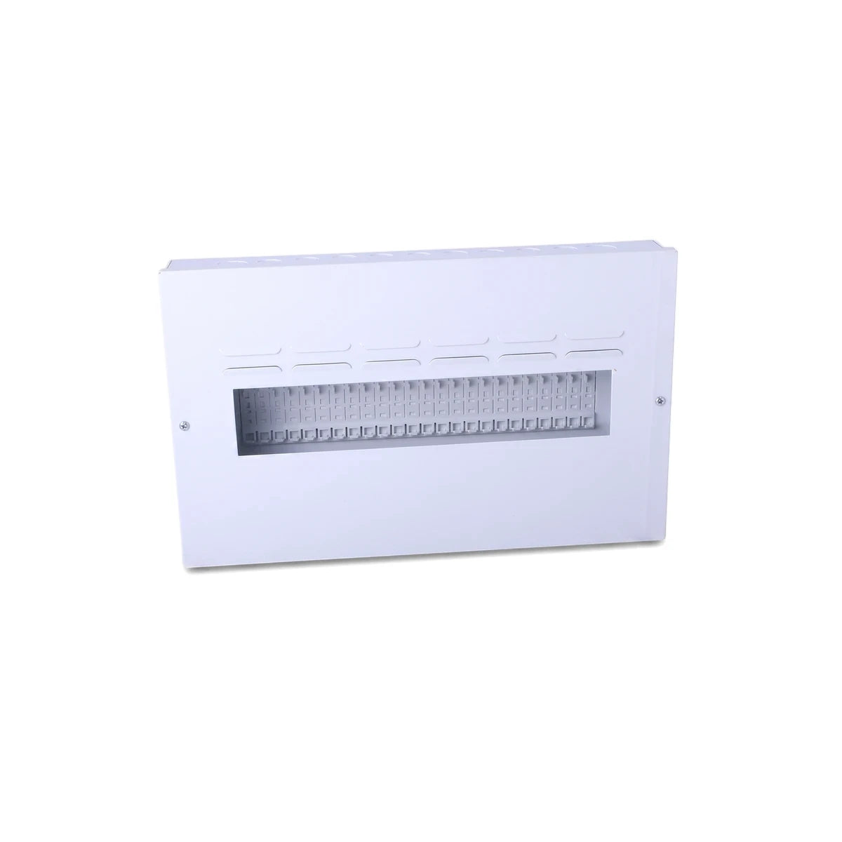 White Db 24 Way Surface Samite budget distribution board enclosure, angled view with internal components visible.