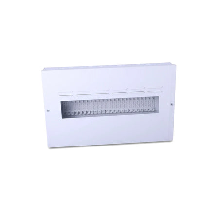 White Db 24 Way Surface Samite budget distribution board enclosure, angled view with internal components visible.