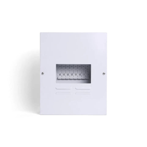 White Db 6 Way Flush Samite Budget Distribution Board Enclosure, front view, for electrical circuit protection.