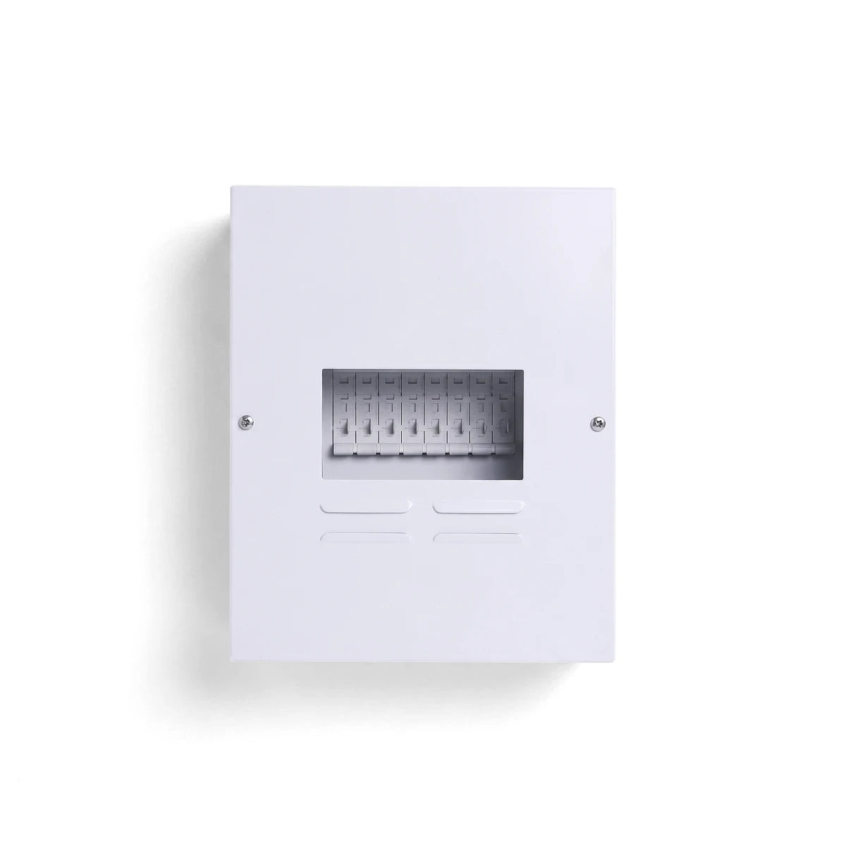 Db 6 Way Surface Samite budget distribution board enclosure, white, rectangular, with internal components visible through a