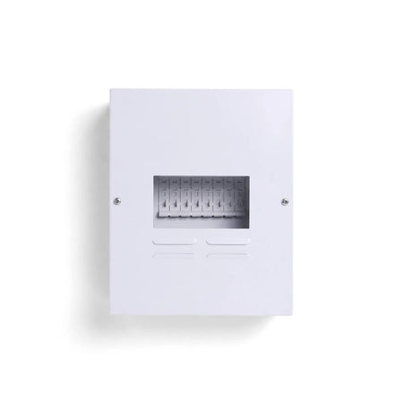 Db 6 Way Surface Samite budget distribution board enclosure, white, rectangular, with internal components visible through a