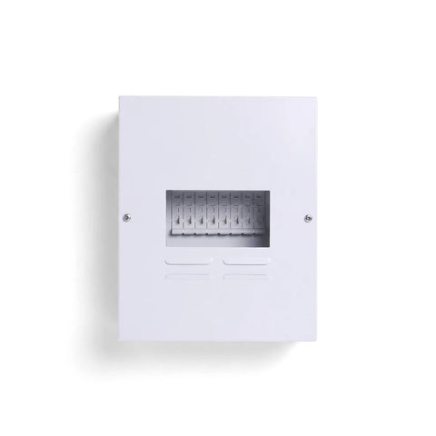 Db 6 Way Surface Samite budget distribution board enclosure, white, rectangular, with internal components visible through a