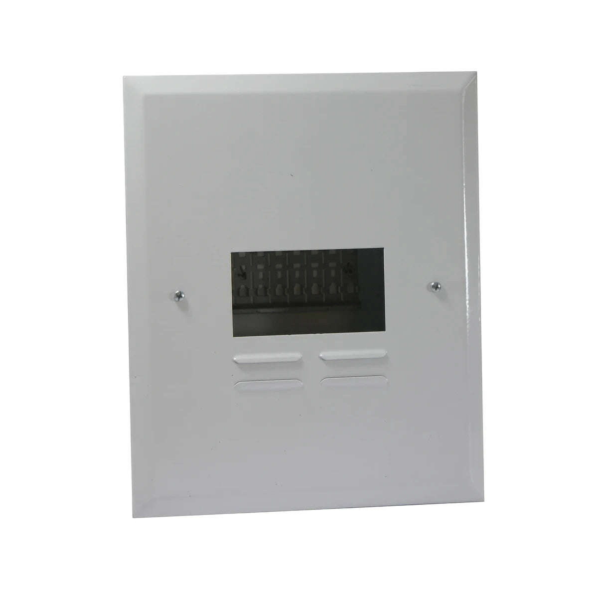 White Db 8 Way flush samite budget distribution board enclosure, rectangular metal box with a transparent window for