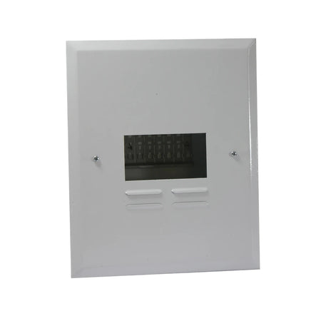 White Db 8 Way flush samite budget distribution board enclosure, rectangular metal box with a transparent window for