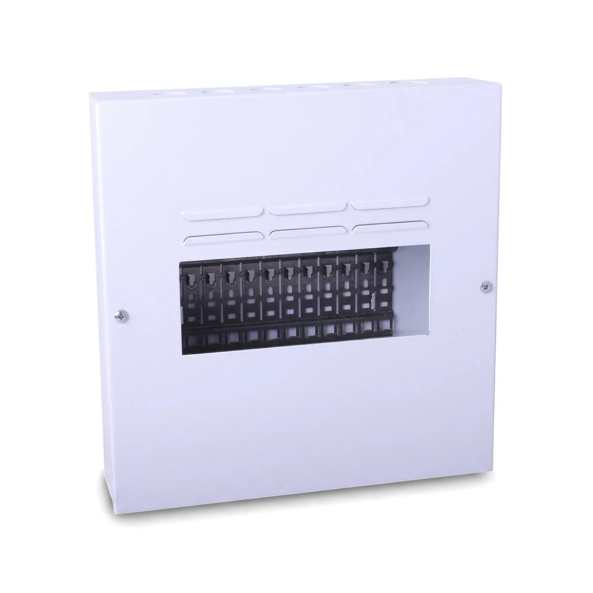 White 8-way surface mount electrical distribution board enclosure with internal black terminal blocks, shown from a slight