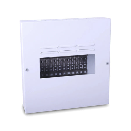 White 8-way surface mount electrical distribution board enclosure with internal black terminal blocks, shown from a slight