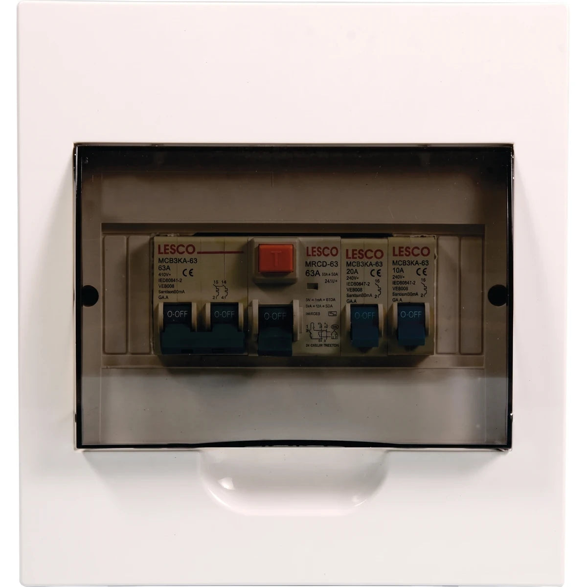Front view of a white PVC 8-way flush populated electrical distribution board with transparent cover and LESCO circuit