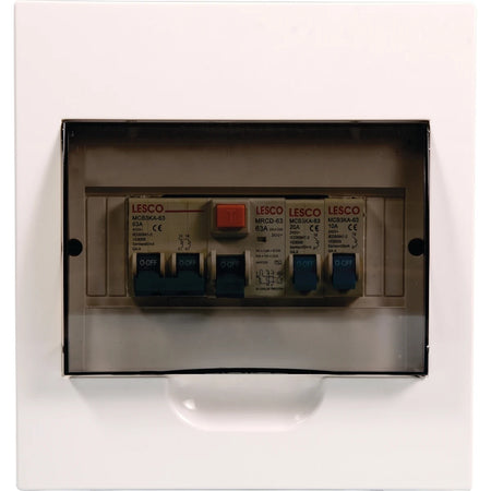 Front view of a white PVC 8-way flush populated electrical distribution board with transparent cover and LESCO circuit