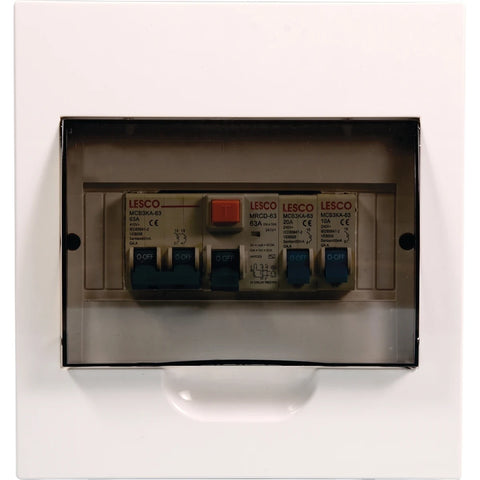 Front view of a white PVC 8-way flush populated electrical distribution board with transparent cover and LESCO circuit
