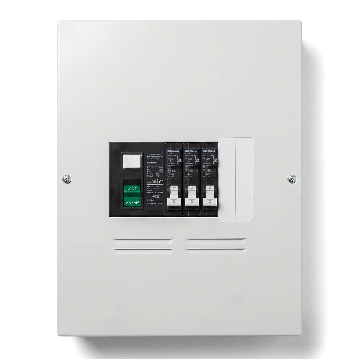 White Db Board 8 Way Surface Pvc Populated Distribution Board with circuit breakers, shown from the front.