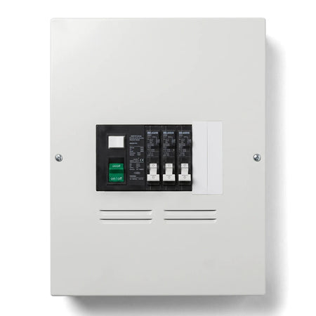 White Db Board 8 Way Surface Pvc Populated Distribution Board with circuit breakers, shown from the front.
