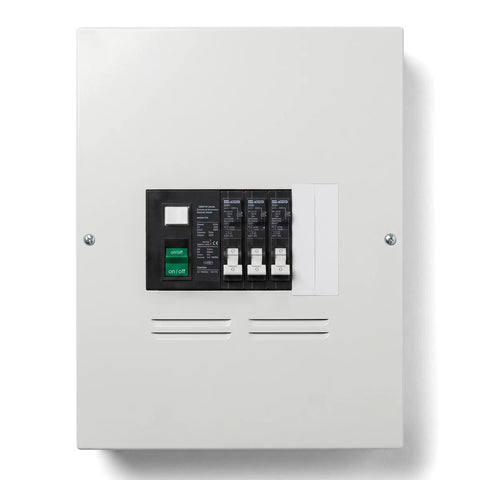 White Db Board 8 Way Surface Pvc Populated Distribution Board with circuit breakers, shown from the front.