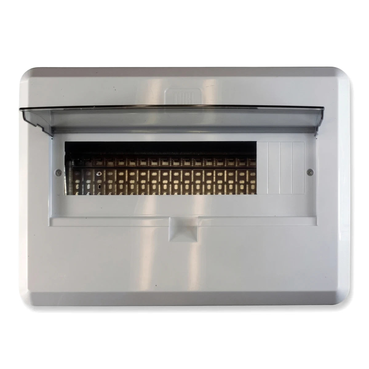 White Dbbox20S electrical distribution box, front view, made of plastic with a transparent hinged cover showing internal