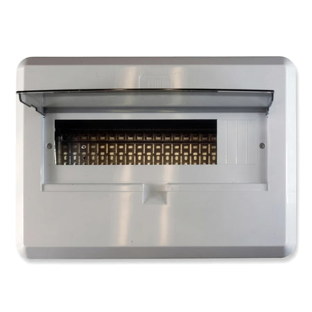 White Dbbox20S electrical distribution box, front view, made of plastic with a transparent hinged cover showing internal