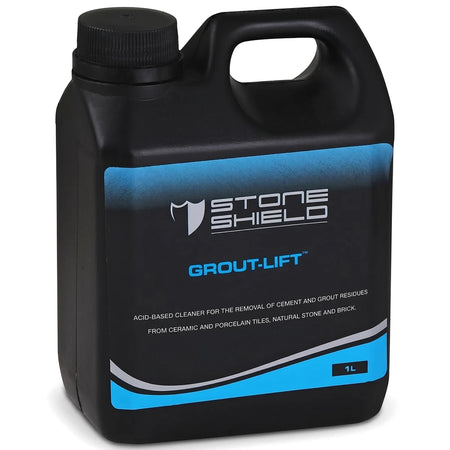 Stone Shield Grout-Lift 1L Deep Grout Cleaner in a black plastic bottle with blue label, for cement and grout residue