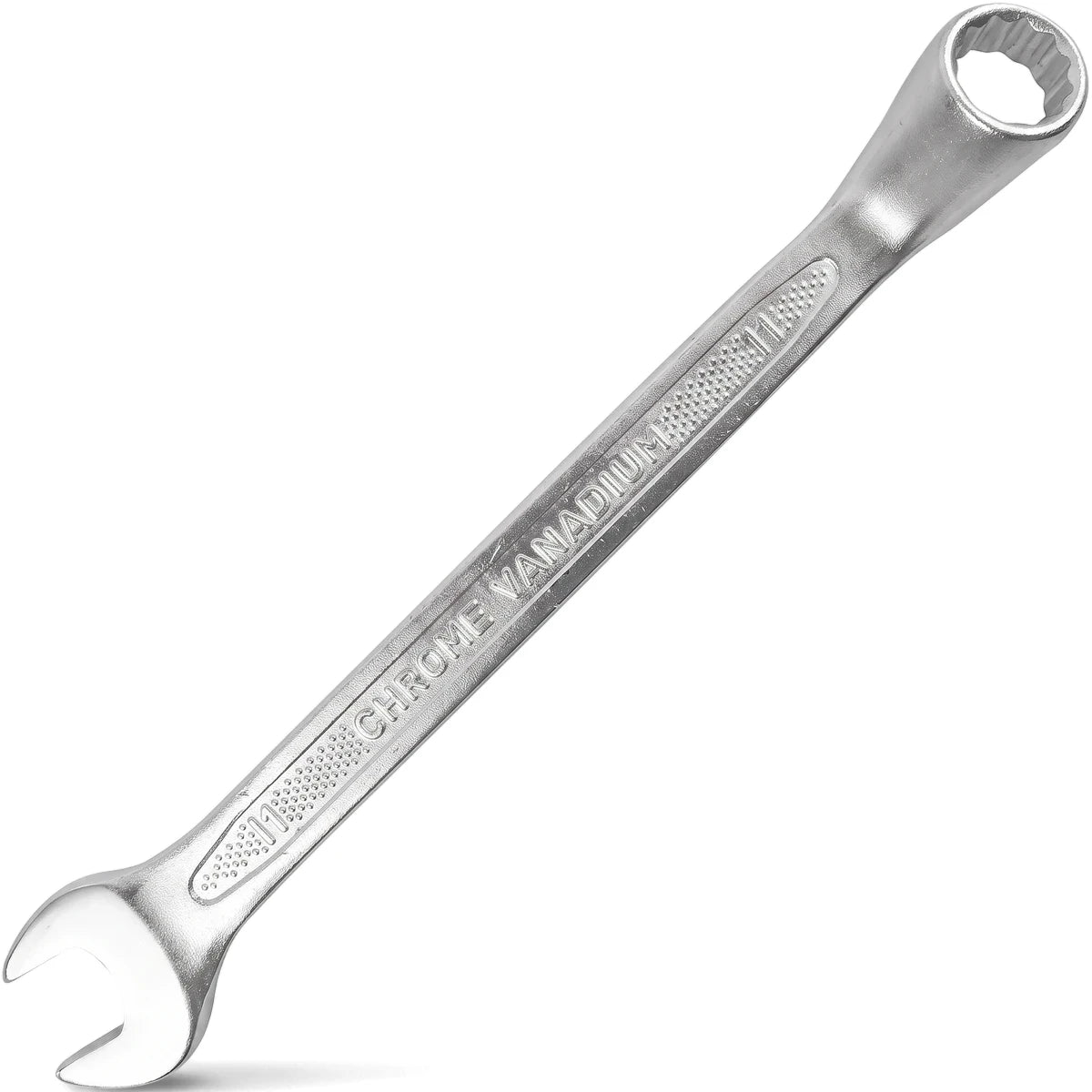 A gleaming silver 12mm deep offset combination spanner, crafted from chrome vanadium steel, presented diagonally.