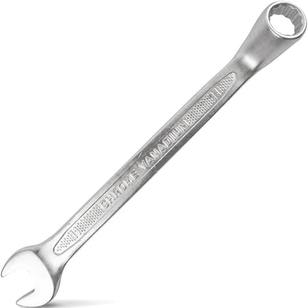 A gleaming silver 12mm deep offset combination spanner, crafted from chrome vanadium steel, presented diagonally.