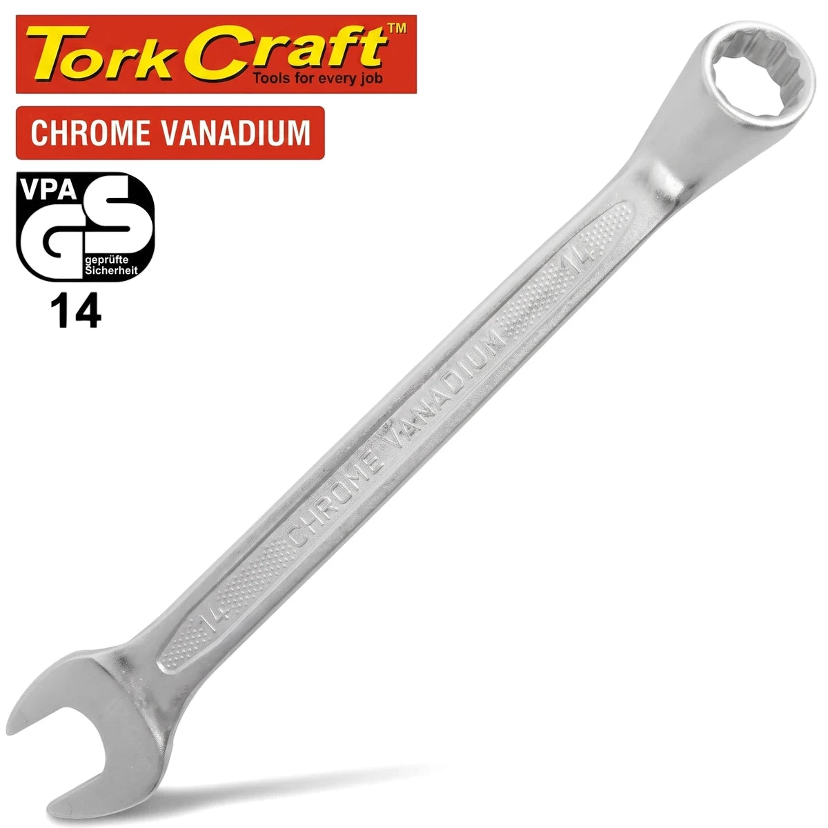 Deep Offset Combination Spanner 14mm in chrome vanadium alloy, a durable silver hand tool for mechanical tasks.