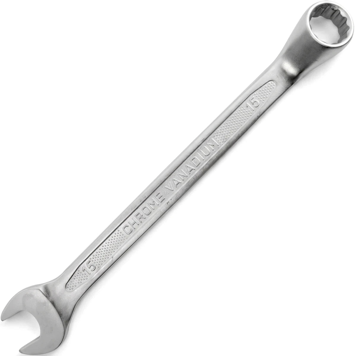 Silver 15mm deep offset combination spanner, a durable chrome vanadium hand tool, visible from an overhead view on a clean