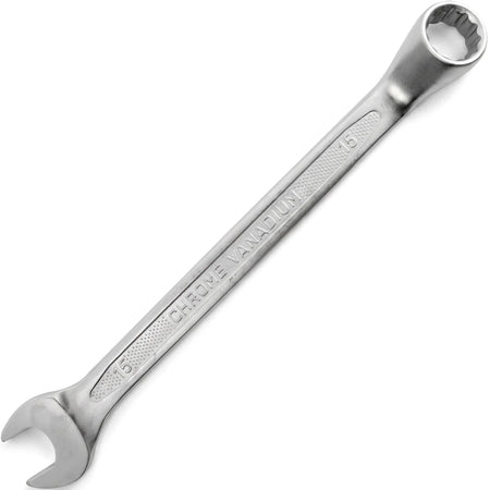 Silver 15mm deep offset combination spanner, a durable chrome vanadium hand tool, visible from an overhead view on a clean