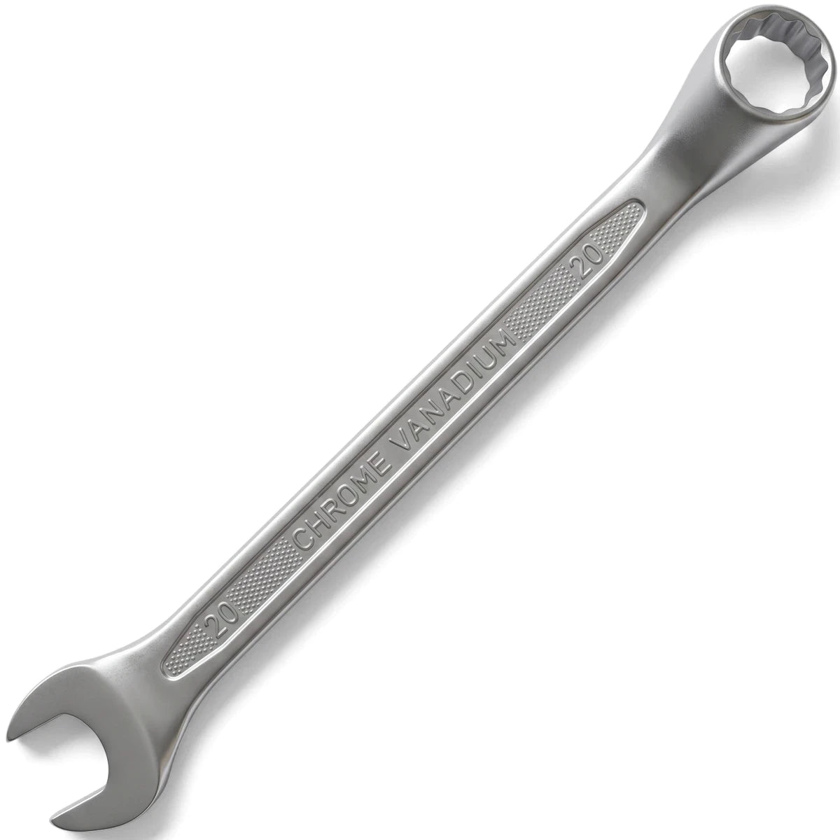 A silver 20mm deep offset combination spanner, made of chrome vanadium steel, displayed on a clean white background.