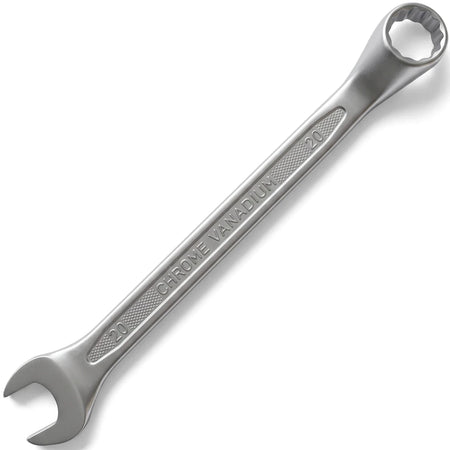 A silver 20mm deep offset combination spanner, made of chrome vanadium steel, displayed on a clean white background.