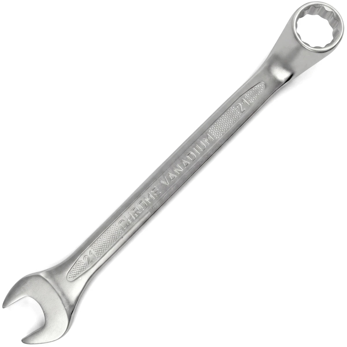 Silver deep offset combination spanner, size 21, made of chrome vanadium, angled diagonally on a pristine white background.