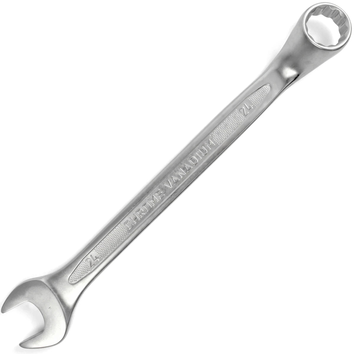 Shiny chrome vanadium 24mm deep offset combination spanner for mechanical work, viewed diagonally on a white background.