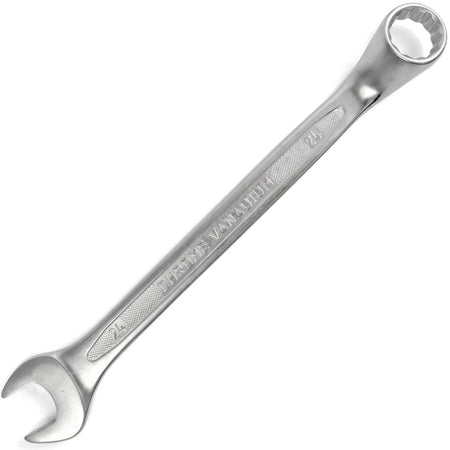 Shiny chrome vanadium 24mm deep offset combination spanner for mechanical work, viewed diagonally on a white background.