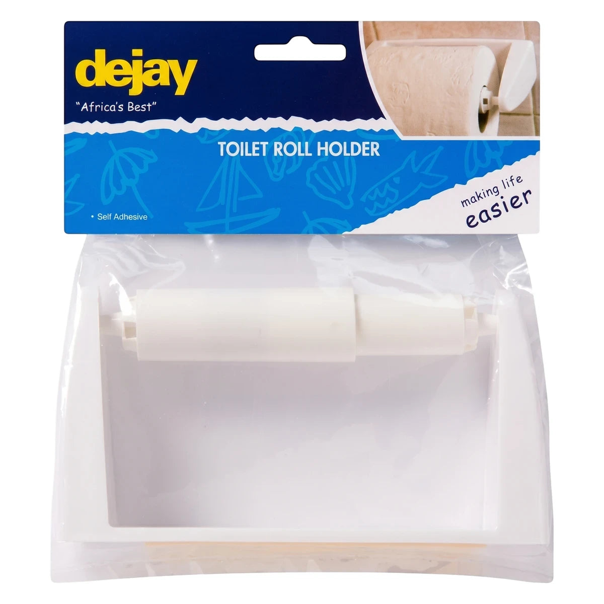 White plastic self-adhesive Dejay Economy Toilet Roll Holder in clear retail packaging with a blue header card.