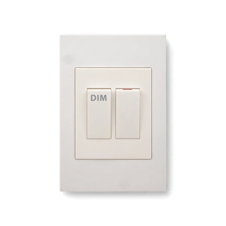 A white Dena Quad light switch and dimmer, featuring one lever for 1-way operation and a separate dimmer control.