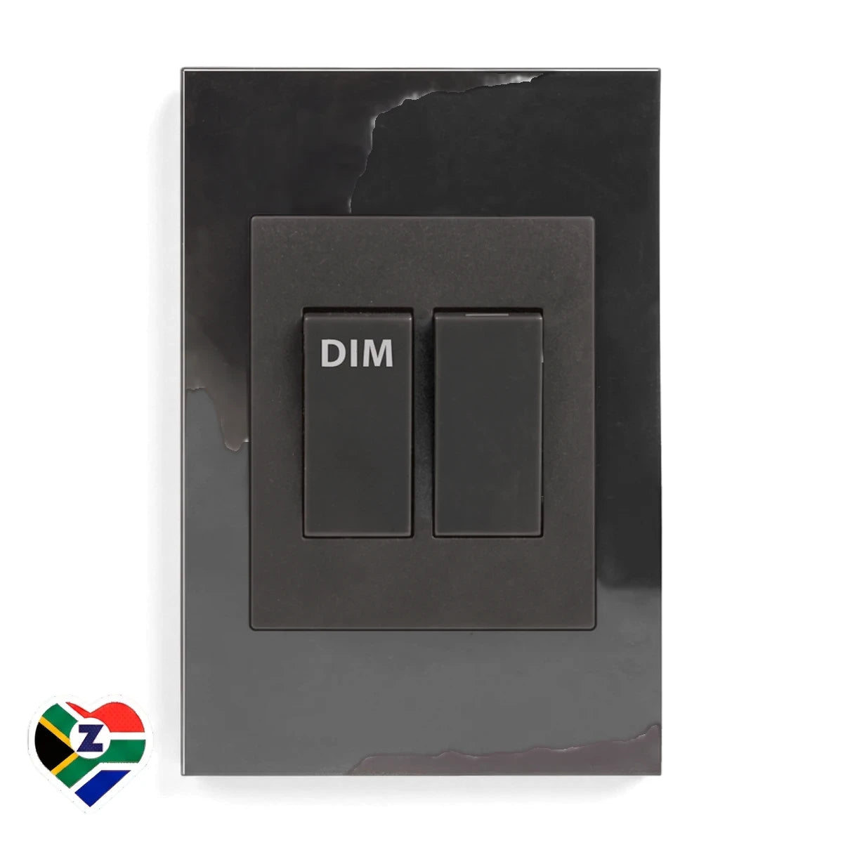 A Dena Quad charcoal light switch dimmer, 100x50mm, featuring one lever and one dimming switch, shown frontally on a white