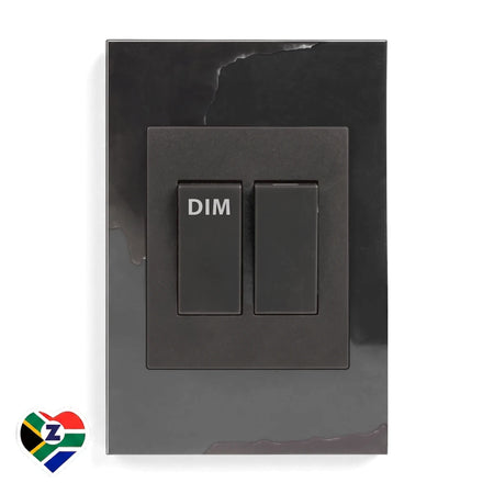 A Dena Quad charcoal light switch dimmer, 100x50mm, featuring one lever and one dimming switch, shown frontally on a white