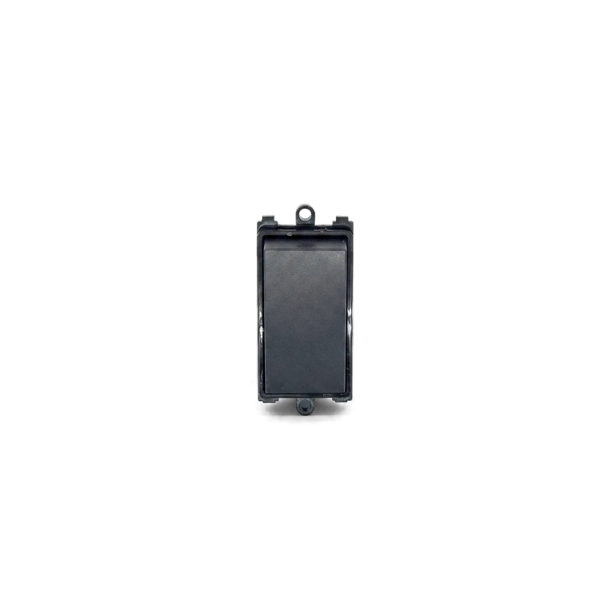 Front view of Dena Switch 2-Way charcoal rocker light switch mechanism with mounting frame