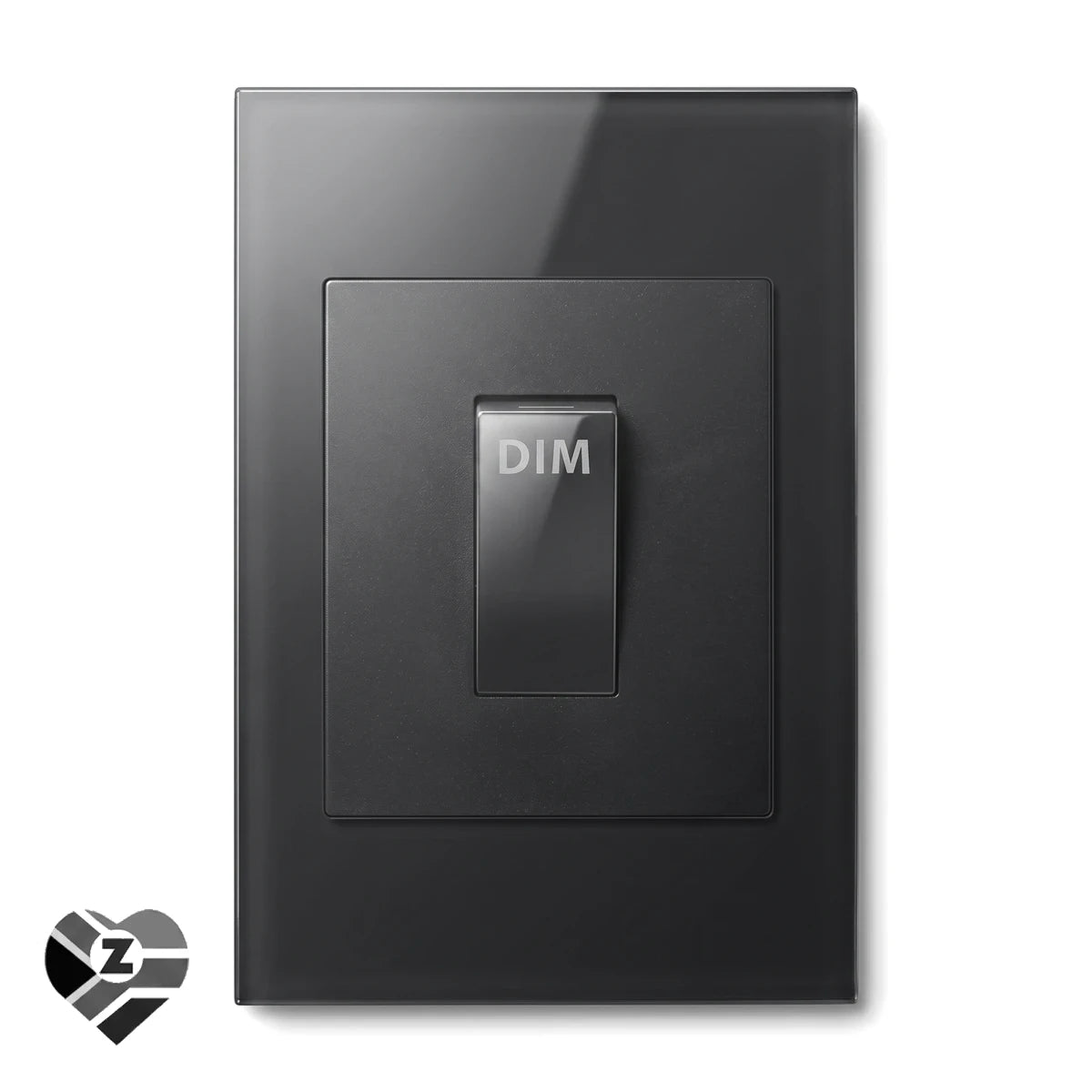 Dena Switch 20A Dimmer charcoal light switch, front view. Square electrical wall plate with a rectangular dimmer toggle