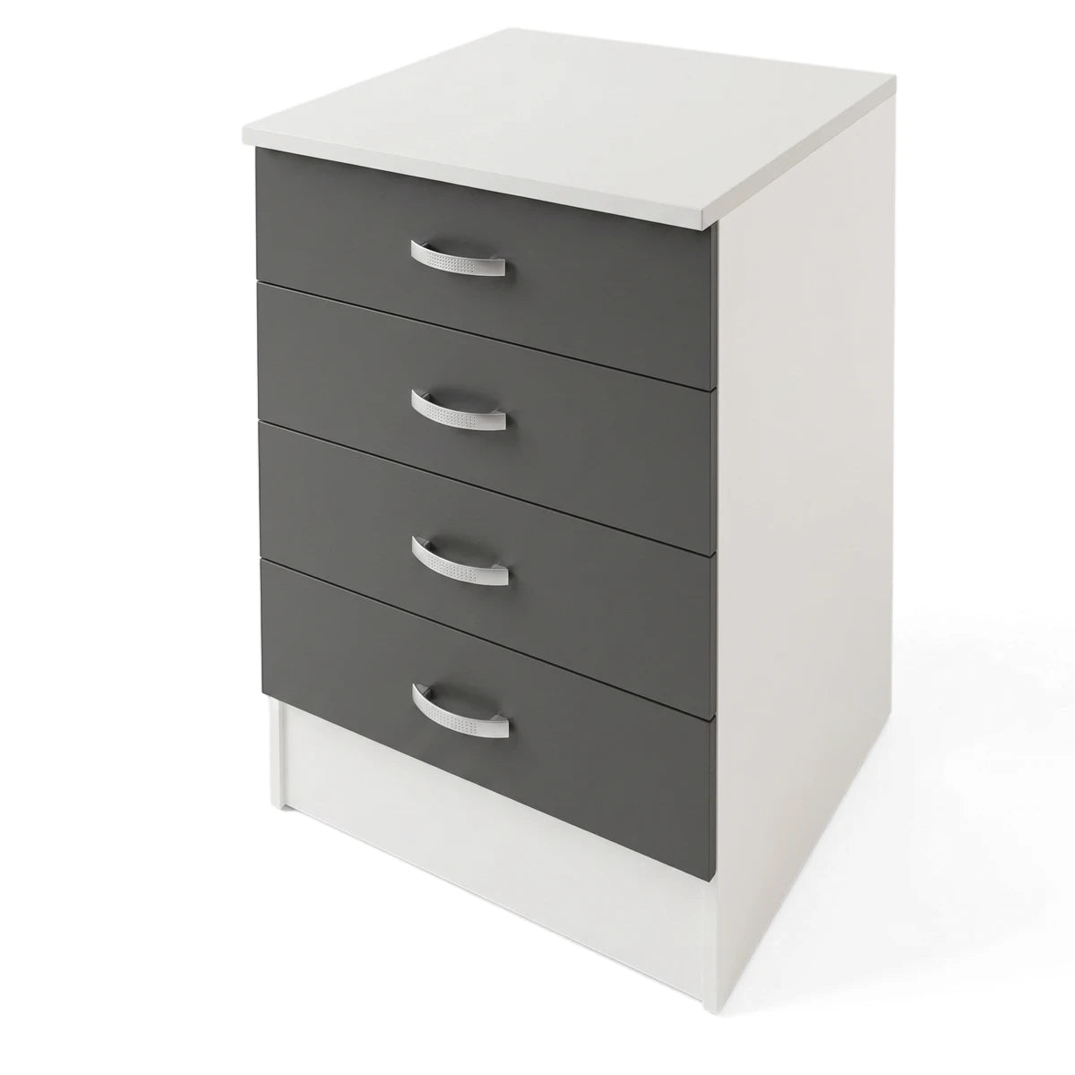 Denver Modul Base Cabinet with four dark grey Vermont Slate drawers and a white frame, seen from a slightly elevated