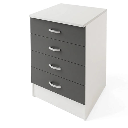 Denver Modul Base Cabinet with four dark grey Vermont Slate drawers and a white frame, seen from a slightly elevated