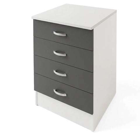 Denver Modul Base Cabinet with four dark grey Vermont Slate drawers and a white frame, seen from a slightly elevated