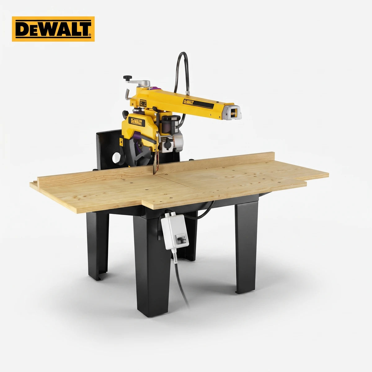DeWalt radial arm saw in yellow and black, set up on a wooden work table with black legs.