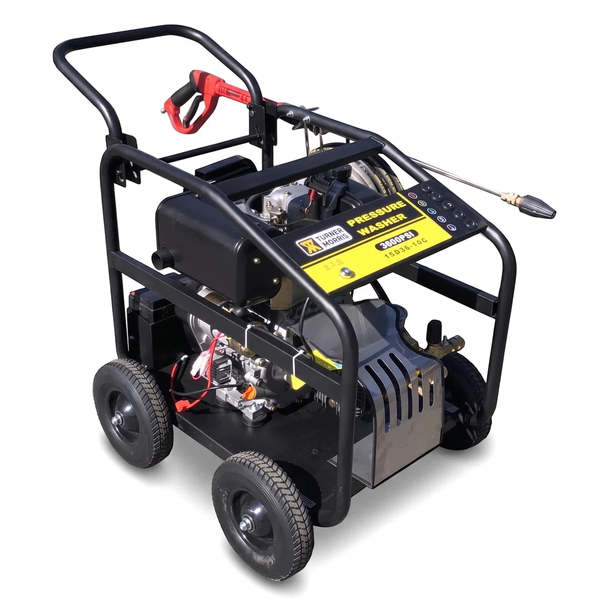 Black Diesel High-Pressure Washer 3000 PSI with manual start and red trigger, shown from an angled perspective.